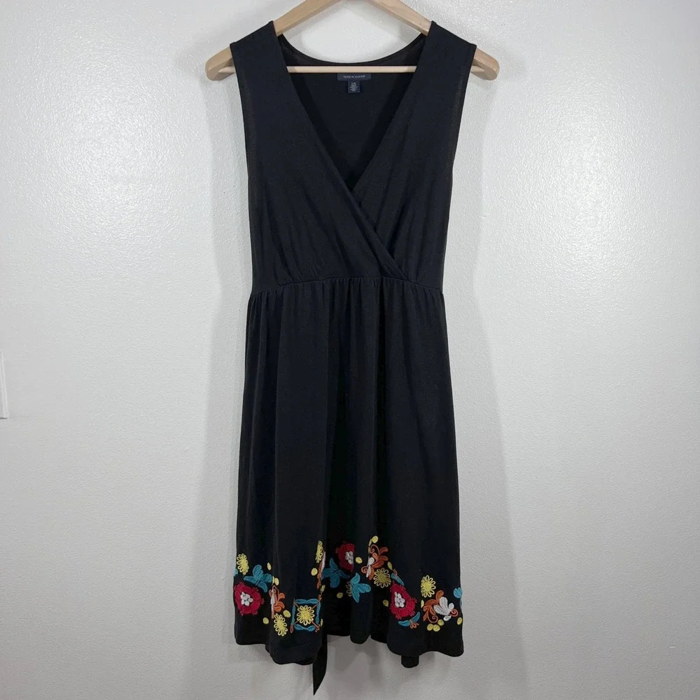 Tommy‎ Hilfiger Black Dress Womens Large Floral Embroidered Sleeveless Casual